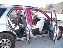 This paint scheme simulates advanced steel utilization in a late-model Chrysler Motors vehicle. The steel is inside the upper A-pillar, through a portion of the roofline, and inside most of the B-pillar. This paint scheme simulates advanced steel utilization in a late-model Chrysler Motors vehicle. The steel is inside the upper A-pillar, through a portion of the roofline, and inside most of the B-pillar.