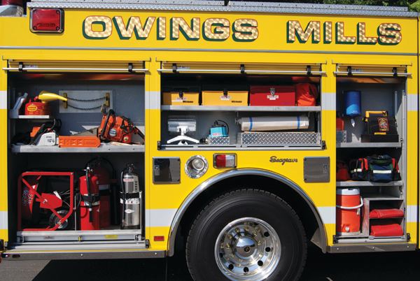 Through the use of slide trays, shelves and aluminum modules all equipment on Owings Mills Engine 312 is properly secured for ready use at the incident scene. Advance planning is needed to produce a well-designed compartment layout on all new units.