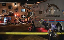 A Lutherville volunteer firefighter was killed and two residents were injured in a four-alarm blaze that engulfed an apartment building. A Lutherville volunteer firefighter was killed and two residents were injured in a four-alarm blaze that engulfed an apartment building.