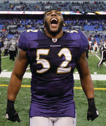 Baltimore Ravens linebacker Ray Lewis celebrates after the Ravens defeated the Cincinnati Bengals 13-7 on Jan. 2.