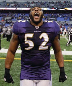 Baltimore Ravens linebacker Ray Lewis celebrates after the Ravens defeated the Cincinnati Bengals 13-7 on Jan. 2. Baltimore Ravens linebacker Ray Lewis celebrates after the Ravens defeated the Cincinnati Bengals 13-7 on Jan. 2.