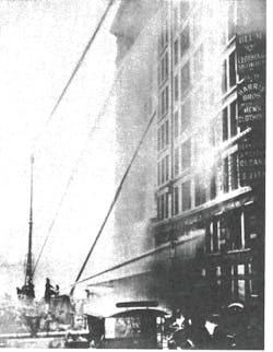 Water towers and deck pipes drive large- caliber streams into the blazing Asch Building, home of the Triangle Shirtwaist Co. In all, 146 workers, mostly young women, died as a result of the fire. Water towers and deck pipes drive large- caliber streams into the blazing Asch Building, home of the Triangle Shirtwaist Co. In all, 146 workers, mostly young women, died as a result of the fire.