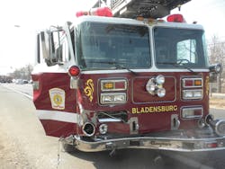 Truck 809 was responding with emergency lights and siren sounding when it collided with a Jeep Liberty at Kenilworth Avenue and Decatur Street in Bladensburg. Truck 809 was responding with emergency lights and siren sounding when it collided with a Jeep Liberty at Kenilworth Avenue and Decatur Street in Bladensburg.