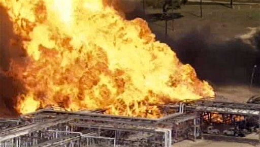 A massive fire burns at a petroleum plant in Mont Belvieu east of Houston.