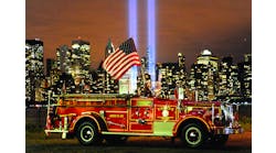 Engine 343 is pictured in front of the Tribute in Lights memorial at Ground Zero on September 10, 2010. Photo by Butch Moran