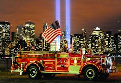 Engine 343 is pictured in front of the Tribute in Lights memorial at Ground Zero on September 10, 2010. Photo by Butch Moran Engine 343 is pictured in front of the Tribute in Lights memorial at Ground Zero on September 10, 2010. Photo by Butch Moran