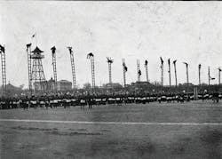 Firefighters in Tokyo, Japan, demonstrate their ladder-climbing skills in this 1911 photo. Firefighters in Tokyo, Japan, demonstrate their ladder-climbing skills in this 1911 photo.