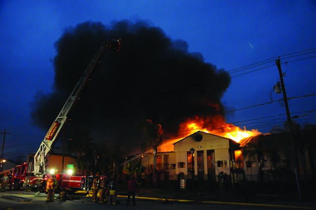 SEABROOK, TX, FEB. 26, 2011 &ndash; An early-morning blaze sent one resident to a Galveston burn center with serious injuries and displaced more than 50 families from the Emerald Shores complex in this coastal suburb of Houston, just blocks from the Johnson Space Center. Ten area volunteer fire departments assisted Seabrook, whose aerial is shown being moved into position to cut off flames spreading through a third building and threatening a fourth. Three aerial streams and numerous handlines were deployed to contain the fast-spreading early-morning fire, which destroyed roughly half the complex.