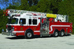 THE BROOMALL, PA, FIRE COMPANY has taken delivery of a 4 Guys quint built on a Spartan Gladiator LFD chassis. The unit features a 500-hp Cummins ISM engine, 1,500-gpm Waterous CMU pump, 600-gallon UPF Poly Tank IIE water tank, 50-gallon foam tank, Waterous Eclipse foam system, RK 75-foot aerial, ROM shutters and 20-kilowatt Harrison generator. Indicate 2XX on the Reader Service Card.