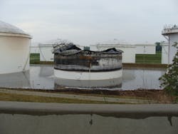 Tank 819 was 40% full at the time of the lightning strike. Two million gallons of fire water stood in the dike area and had to be treated before it could be released. The tank to the left sustained minor exposure damage; only one geodesic dome panel and plastic gauging equipment had to be replaced. The exposures were 50 feet from the fire tank.