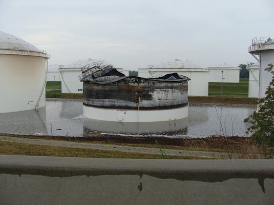 Tank 819 was 40% full at the time of the lightning strike. Two million gallons of fire water stood in the dike area and had to be treated before it could be released. The tank to the left sustained minor exposure damage; only one geodesic dome panel and plastic gauging equipment had to be replaced. The exposures were 50 feet from the fire tank.