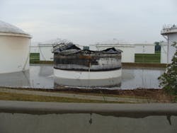 Tank 819 was 40% full at the time of the lightning strike. Two million gallons of fire water stood in the dike area and had to be treated before it could be released. The tank to the left sustained minor exposure damage; only one geodesic dome panel and plastic gauging equipment had to be replaced. The exposures were 50 feet from the fire tank. Tank 819 was 40% full at the time of the lightning strike. Two million gallons of fire water stood in the dike area and had to be treated before it could be released. The tank to the left sustained minor exposure damage; only one geodesic dome panel and plastic gauging equipment had to be replaced. The exposures were 50 feet from the fire tank.