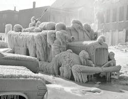 The frozen fire engine. Engine 7’s Mack hose wagon after the Plant Shoe Fire. The frozen fire engine. Engine 7’s Mack hose wagon after the Plant Shoe Fire.