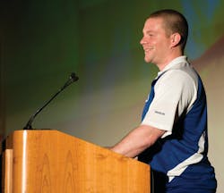 Former Marine Cpl. Joshua Bleill presents the keynote at Firehouse World 2011.