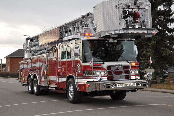 The first Pierce aluminum aerial platform in Canada arriving at its home in Morinville, Alberta.