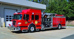 THE ENGLISHTOWN, NJ, FIRE DEPARTMENT has taken delivery of a Crimson pumper built on a Spartan Gladiator chassis. The unit is equipped with a 425-hp Cummins ISL engine, 1,750-gpm Darley LDMBC pump, 750-gallon UPF Poly Tank IIE water tank, 30-gallon foam tank, FoamPro foam system, Task Force Tips Crossfire deluge gun, Fire Research In Control 400 pressure governor, Hannay electric reels, 6,000-watt Will-Burt Nightscan light tower, ROM shutters, Voyager rear backup camera and Kussmaul Auto-Eject. Indicate 2XX on the Reader Service Card.