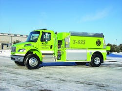 THE PALMYRA, MO, VOLUNTEER FIRE DEPARTMENT has taken delivery of a Danko tanker built on a Freightliner M2 106 chassis and powered by a 330-hp Cummins ISC engine. Components include a 2,000-gallon tank, 500-gpm Waterous pump, three-way rear manifold dumping system and Whelen LED lighting. Indicate 2XX on the Reader Service Card. THE PALMYRA, MO, VOLUNTEER FIRE DEPARTMENT has taken delivery of a Danko tanker built on a Freightliner M2 106 chassis and powered by a 330-hp Cummins ISC engine. Components include a 2,000-gallon tank, 500-gpm Waterous pump, three-way rear manifold dumping system and Whelen LED lighting. Indicate 2XX on the Reader Service Card.