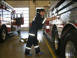 Photo 1: To start the calf stretch, find a wall, or even apparatus and place your hands on it at shoulder level and shoulder width apart. Photo 1: To start the calf stretch, find a wall, or even apparatus and place your hands on it at shoulder level and shoulder width apart.