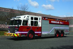 THE ELIZABETH, NJ, FIRE DEPARTMENT has taken delivery of a Crimson heavy rescue built on a Spartan Gladiator chassis with a 550-hp Cummins ISX engine with an Allison 4000EVS transmission. The unit is equipped with a 15,000-pound front winch, 9,000-pound portable winch, Robinson rollup doors, 32-kilowatt Onan generator, Federal Signal LED warning lights, six 1,000-watt Fire Research scene lights and Holmatro hydraulic tool compartment with two remote ports. THE ELIZABETH, NJ, FIRE DEPARTMENT has taken delivery of a Crimson heavy rescue built on a Spartan Gladiator chassis with a 550-hp Cummins ISX engine with an Allison 4000EVS transmission. The unit is equipped with a 15,000-pound front winch, 9,000-pound portable winch, Robinson rollup doors, 32-kilowatt Onan generator, Federal Signal LED warning lights, six 1,000-watt Fire Research scene lights and Holmatro hydraulic tool compartment with two remote ports.