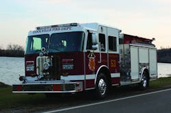 THE COOLVILLE, OH, FIRE DEPARTMENT has placed in service a Sutphen Guardian pumper equipped with a 400-hp Cummins ISL engine, 1,250-gpm Hale Qmax pump, 1,000-gallon tank, On Spot automatic tire chains, Whelen LED lighting, Kussmaul Auto Charge system and ROM rollup doors.
