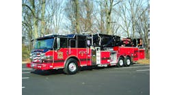SADDLE BROOK, NJ, HOOK AND LADDER COMPANY 1 has taken delivery of a Pierce Velocity 95-foot tower ladder equipped with a 300-gallon tank, 2,000-gpm pump, two in-bucket monitors and Whelen LED warning lights.