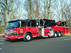 SADDLE BROOK, NJ, HOOK AND LADDER COMPANY 1 has taken delivery of a Pierce Velocity 95-foot tower ladder equipped with a 300-gallon tank, 2,000-gpm pump, two in-bucket monitors and Whelen LED warning lights.