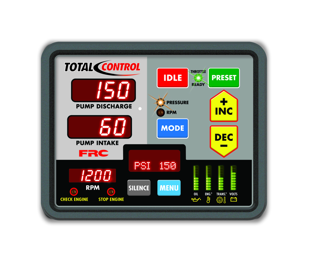 FRC has introduced the most compact and complete governor, master- pressure display, and engine-monitoring system available to the fire service industry. Designed and built to the highest standards, Total Control is available for all standard fire apparatus engines. Total?Control uses a J1939 CAN Bus interface and offers programmable presets, automatic regulation of pump discharge pressure, low-water recognition and diagnostic capabilities. Total Control is durable, simple to operate and easy to read under the most demanding conditions.