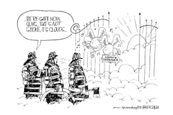 This cartoon by Walt Handelsman originally appeared in the Long Island, NY, newspaper Newsday. A large blow-up copy now hangs in the quarters of Rescue 4 in Queens and the cartoon was featured on a fund-raising T-shirt that was sold at Firehouse Expo 2001 by members of Rescue 4 and Ladder 163.