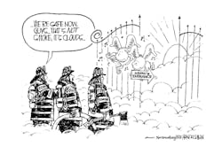This cartoon by Walt Handelsman originally appeared in the Long Island, NY, newspaper Newsday. A large blow-up copy now hangs in the quarters of Rescue 4 in Queens and the cartoon was featured on a fund-raising T-shirt that was sold at Firehouse Expo 2001 by members of Rescue 4 and Ladder 163. This cartoon by Walt Handelsman originally appeared in the Long Island, NY, newspaper Newsday. A large blow-up copy now hangs in the quarters of Rescue 4 in Queens and the cartoon was featured on a fund-raising T-shirt that was sold at Firehouse Expo 2001 by members of Rescue 4 and Ladder 163.