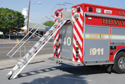 This rescue squad apparatus from Carlisle, PA, uses a pull-down-style ladder with folding handrails to gain access to the upper-body storage compartments. This ladder arrangement provides increased safety for personnel, particularly when carrying equipment. This rescue squad apparatus from Carlisle, PA, uses a pull-down-style ladder with folding handrails to gain access to the upper-body storage compartments. This ladder arrangement provides increased safety for personnel, particularly when carrying equipment.