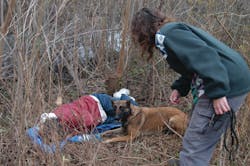 Louisiana Search and Rescue dog 'Nola' gives a silent alert by lying next to a 'victim.' To qualify as a search dog for LASAR, 'Nola' must remain in this position until the handler arrives. Louisiana Search and Rescue dog 'Nola' gives a silent alert by lying next to a 'victim.' To qualify as a search dog for LASAR, 'Nola' must remain in this position until the handler arrives.