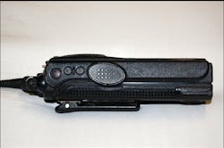 Photo 1: Fire service radios should have a large enough push to talk button that it can easily be operated while wearing firefighting gloves. Photo 1: Fire service radios should have a large enough push to talk button that it can easily be operated while wearing firefighting gloves.