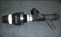 This attachment snaps on to a typical automatic fog nozzle and converts it into an effective air aspirating nozzle. The finished foam is thicker with a longer drain time, then without the attachment. This attachment snaps on to a typical automatic fog nozzle and converts it into an effective air aspirating nozzle. The finished foam is thicker with a longer drain time, then without the attachment.