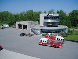 Training Grounds Control Building with classrooms and apparatus bays.