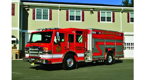 THE BROOKSIDE FIRE COMPANY in Mendham Township, NJ, has taken delivery of a Pierce Velocity PUC apparatus equipped with a 500-hp Cummins ISM engine, 1,500-gpm pump, 750-gallon water tank, 25-gallon foam tank, Husky foam system, 10-kilowatt Harrison generator, Whelen LED lighting package and 6,000-watt Will-Burt Night Scan light tower.