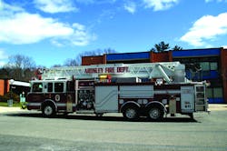 THE ARDSLEY, NY, FIRE DEPARTMENT has placed in service a Smeal 105-foot aerial built on a Spartan Gladiator chassis powered by a 525-hp Caterpillar C-13 engine. Features include a 2,000-gpm Hale Qmax pump, 450-gallon UPF poly tank, Akron monitor and Robinson roll-up doors.