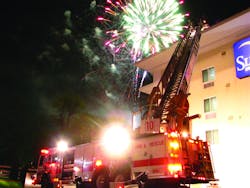 HOWARD COUNTY, MD, APRIL 30, 2011 &ndash; A carbon monoxide leak in an occupied hotel required several occupants to be checked by EMS. A racetrack had scheduled a fireworks show to take place at the same time that the incident occurred.