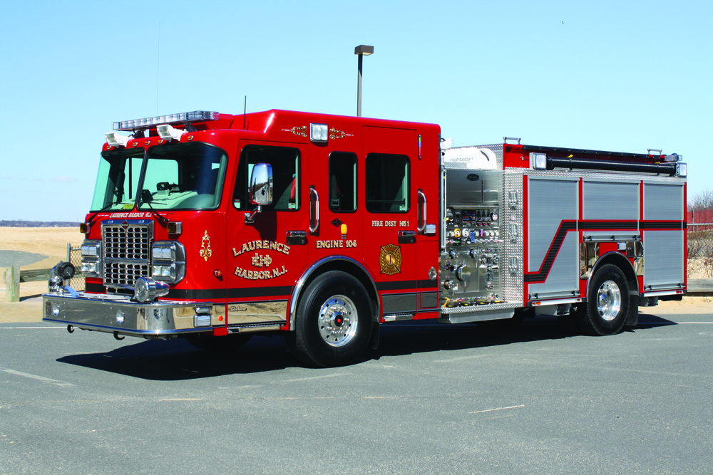 THE LAURENCE HARBOR FIRE DISTRICT in Old Bridge, NJ, has placed in service a Toyne rescue pumper built on a Spartan Gladiator chassis. Components include 425-HP Cummins ISL engine, 2,000-gpm Hale Qmax pump, 750-gallon UPF poly tank, Hale Foam Logix 5.0 A/B foam system, Elkhart Scorpion monitor, Fire Research In Control 400 pressure governor and 20-kilowatt Onan generator.