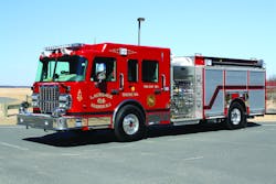 THE LAURENCE HARBOR FIRE DISTRICT in Old Bridge, NJ, has placed in service a Toyne rescue pumper built on a Spartan Gladiator chassis. Components include 425-HP Cummins ISL engine, 2,000-gpm Hale Qmax pump, 750-gallon UPF poly tank, Hale Foam Logix 5.0 A/B foam system, Elkhart Scorpion monitor, Fire Research In Control 400 pressure governor and 20-kilowatt Onan generator.