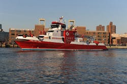 The 140-foot, 500-ton fireboat is considered the first of its kind and the FDNY claims it is the largest in the world. The 140-foot, 500-ton fireboat is considered the first of its kind and the FDNY claims it is the largest in the world.