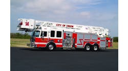THE CITY OF UNION, SC, FIRE DEPARTMENT has taken delivery of a KME 102-foot rearmount AerialCat platform built on a KME Predator MFD chassis. The unit features a 475-hp Maxxforce 13 engine, IQAN aerial motion control system, 2,000-gpm Waterous CSU pump, 10-kilowatt Harrison MAS generator, Whelen warning light package and KME Straight Shot hosebed with rear chute.