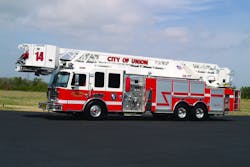 THE CITY OF UNION, SC, FIRE DEPARTMENT has taken delivery of a KME 102-foot rearmount AerialCat platform built on a KME Predator MFD chassis. The unit features a 475-hp Maxxforce 13 engine, IQAN aerial motion control system, 2,000-gpm Waterous CSU pump, 10-kilowatt Harrison MAS generator, Whelen warning light package and KME Straight Shot hosebed with rear chute.