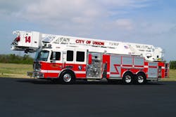 THE CITY OF UNION, SC, FIRE DEPARTMENT has taken delivery of a KME 102-foot rearmount AerialCat platform built on a KME Predator MFD chassis. The unit features a 475-hp Maxxforce 13 engine, IQAN aerial motion control system, 2,000-gpm Waterous CSU pump, 10-kilowatt Harrison MAS generator, Whelen warning light package and KME Straight Shot hosebed with rear chute. THE CITY OF UNION, SC, FIRE DEPARTMENT has taken delivery of a KME 102-foot rearmount AerialCat platform built on a KME Predator MFD chassis. The unit features a 475-hp Maxxforce 13 engine, IQAN aerial motion control system, 2,000-gpm Waterous CSU pump, 10-kilowatt Harrison MAS generator, Whelen warning light package and KME Straight Shot hosebed with rear chute.