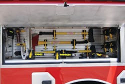 The Bowmansville, NY, Fire Department uses tool board mounting surfaces on the walls and floor of this compartment to maximize the space for hand and forcible-entry tools.