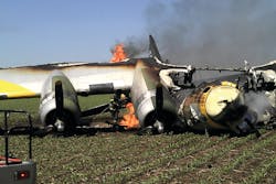 The plane landed in a muddy cornfield a half mile from a paved road.