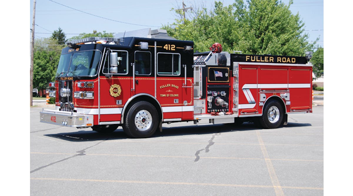 Engine 412 is a 2009 Sutphen Monarch 2000 gpm pumper equipped with a 750-gallon low-profile water tank and a 10Kw Onan hydraulic generator.
