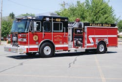Engine 412 is a 2009 Sutphen Monarch 2000 gpm pumper equipped with a 750-gallon low-profile water tank and a 10Kw Onan hydraulic generator. Engine 412 is a 2009 Sutphen Monarch 2000 gpm pumper equipped with a 750-gallon low-profile water tank and a 10Kw Onan hydraulic generator.