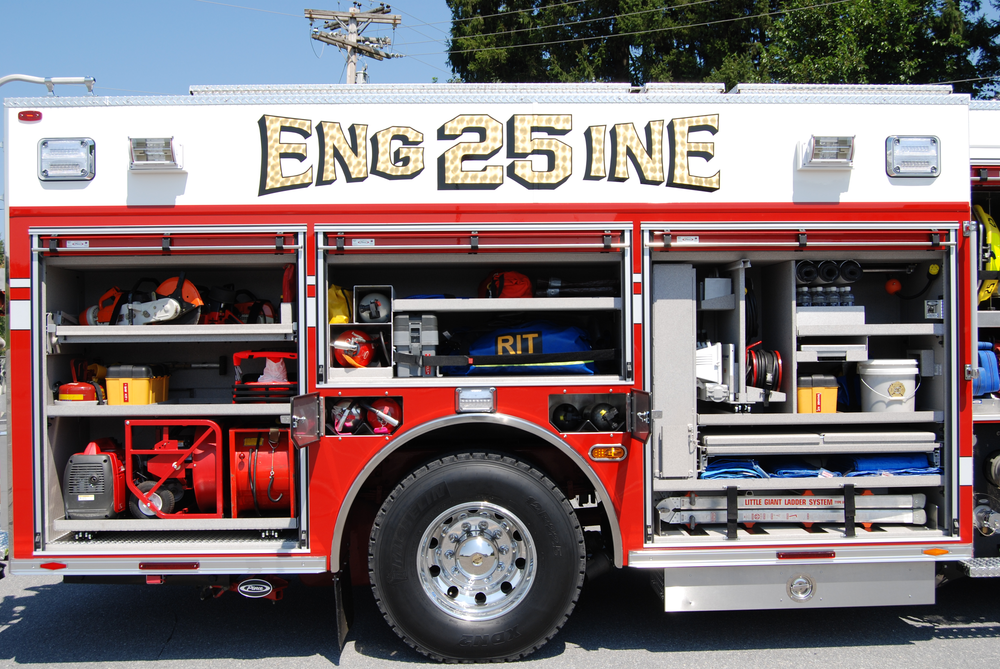 The equipment layout and mounting on this Pierce Arrow XT pumper from Monroe Township, PA, is an example where a combination of shelves, slide trays, tool boards and divider walls were all used to provide for well-developed compartment space.