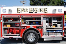 The equipment layout and mounting on this Pierce Arrow XT pumper from Monroe Township, PA, is an example where a combination of shelves, slide trays, tool boards and divider walls were all used to provide for well-developed compartment space.