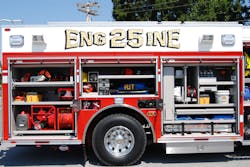 The equipment layout and mounting on this Pierce Arrow XT pumper from Monroe Township, PA, is an example where a combination of shelves, slide trays, tool boards and divider walls were all used to provide for well-developed compartment space. The equipment layout and mounting on this Pierce Arrow XT pumper from Monroe Township, PA, is an example where a combination of shelves, slide trays, tool boards and divider walls were all used to provide for well-developed compartment space.